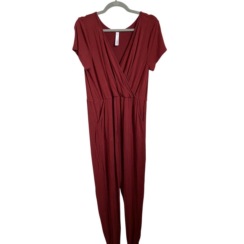 Latched Mama Nursing Jumpsuit Burgundy Red Surplice V-Neck Pockets Medium